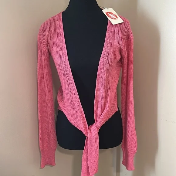 Hyped Unicorn Pink Front Tie Knot Long Sleeve Knit Cropped Cardigan Size S/M NWT - Picture 4 of 9